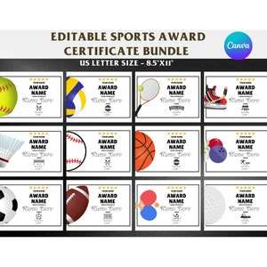 Sports Award Certificates Bundle Editable Template, Team Sports Player Award Recognition, Baseball, Softball, Football, Volleyball, Hockey