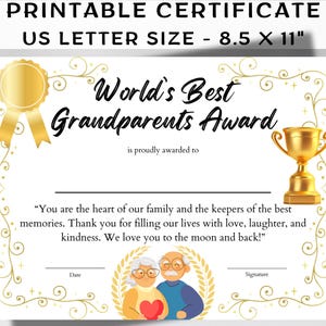 Op de afbeelding: Printbaar certificaat, US Letter formaat, 8,5 x 11 inch, met de tekst "World's Best Grandparents Award". Voorzien van een gouden lint, trofee en een afbeelding van grootouders. Inclusief ruimte voor naam, datum en handtekening.