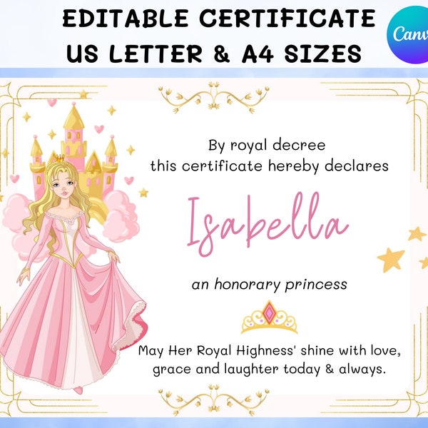 Prinsessencertificaat bewerkbare sjabloon, Royal Princess Award, personaliseer uw eigen magische prinsessencertificaat, prinsessenfeest afdrukbaar