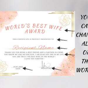 Editable Wife Appreciation Certificate, Pink & Gold Award (digital
