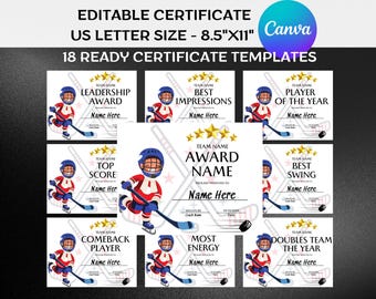 Ice Hockey Award Certificate Template, Kids Sports, Editable Canva (Digital Download)