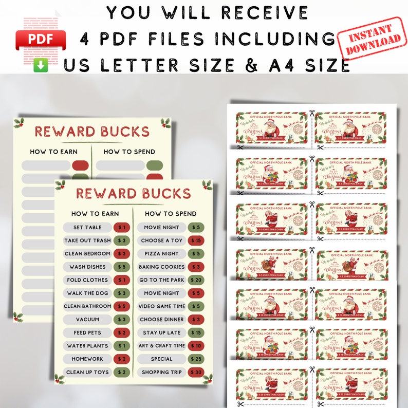 Printable Christmas Reward Bucks for Kids, North Pole Bank Dollar Play Money, Santa Kids Reward ...