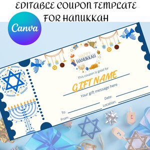 Editable Happy Hanukkah Gift Coupon Template, Hanukkah Surprise Voucher Certificate, Hanukkah Printable Last Minute Custom Ticket