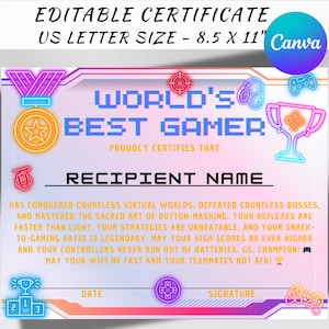 Könnte beinhalten: Ein druckbares Zertifikat mit einem neongelben, blauen und pinkfarbenen Design. Der Text lautet "World's Best Gamer" und "Zertifiziert mit Stolz, dass". Das Zertifikat ist für einen Gamer gedacht und kann mit dem Namen des Empfängers, dem Datum und der Unterschrift personalisiert werden.