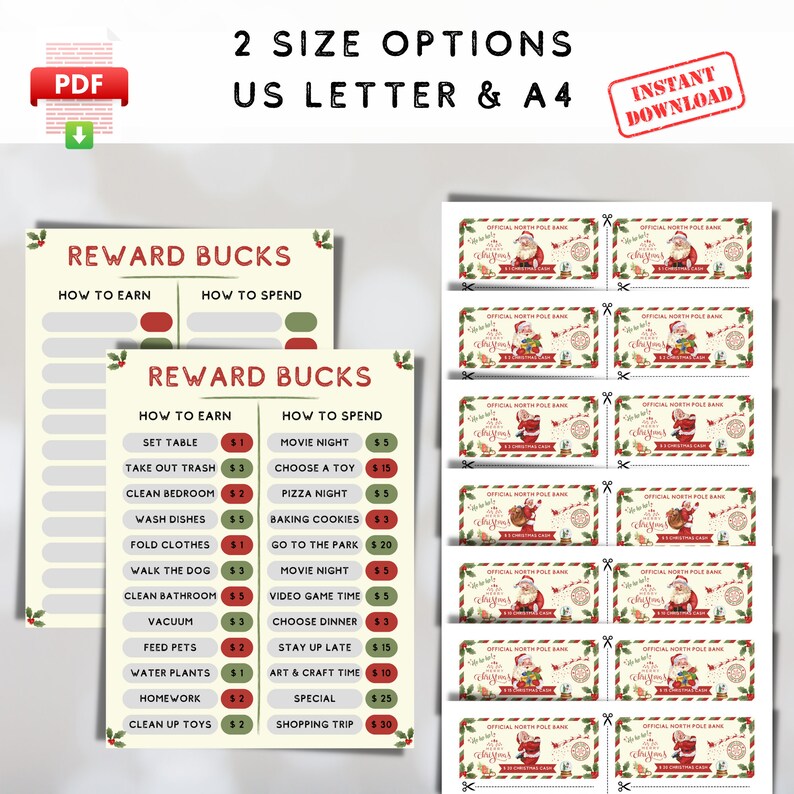 Printable Christmas Reward Bucks for Kids, North Pole Bank Dollar Play Money, Santa Kids Reward ...