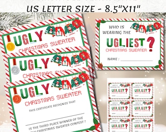 May include: Printable Christmas certificate set with red and green borders. The certificates are labeled "Ugly Christmas Sweater" and include spaces for names. The set includes certificates for 1st, 2nd, and 3rd place winners.