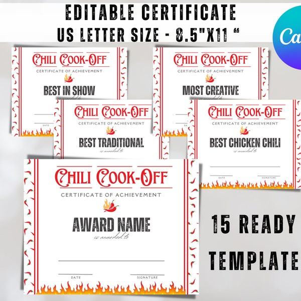 Editable Chili Cook Off Award Certificate Template, Chili Contest, Chili Champion, Competition Winner, Chili Potluck Award, Best Chili Award