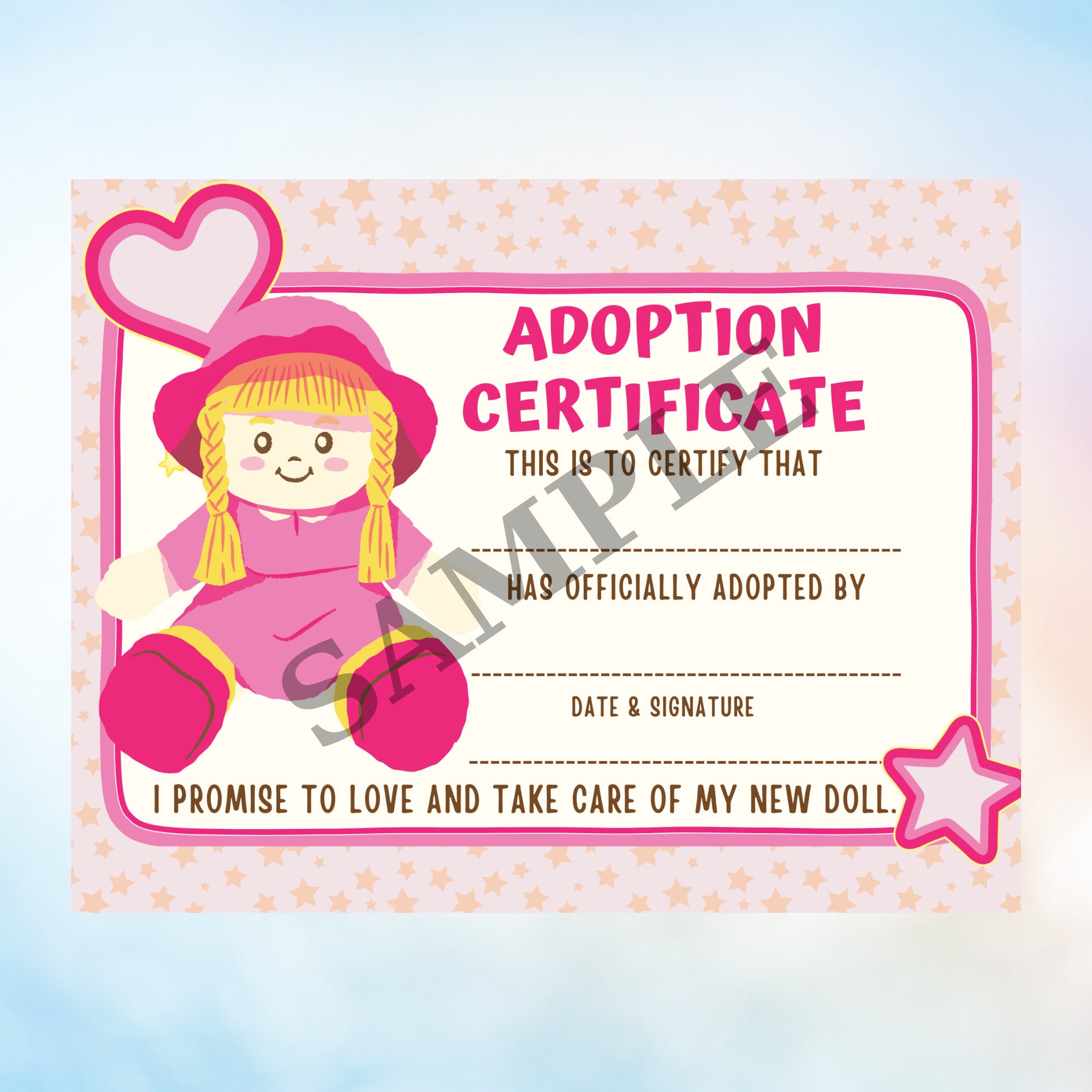 Doll &amp; Bear Adoption Certificate Set Printable, Baby Doll Certificate ...