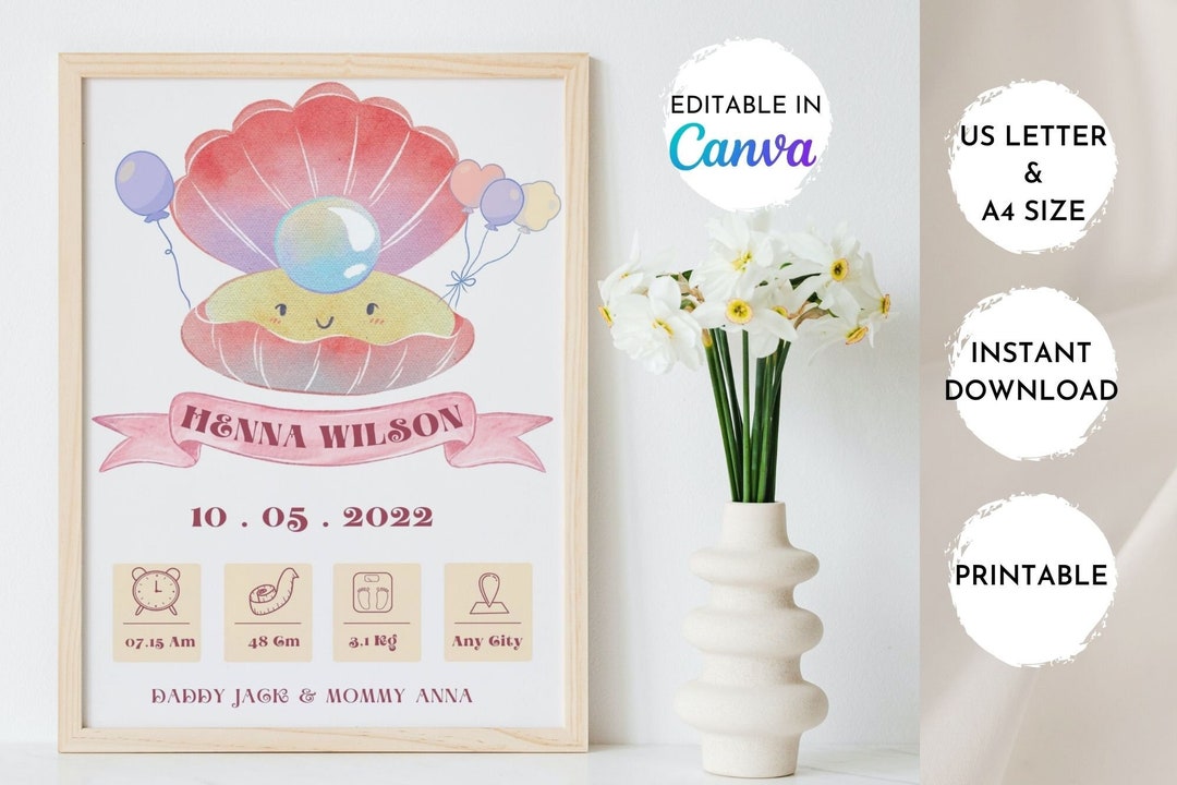 Baby Girl Birth Stats Printable Newborn Gift Birth Information Sign ...