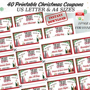 40 Printable Christmas Coupon Book, Personalized Holiday Coupons for Kids, Christmas Gift Template for Boyfriend Girlfriend Husband Wife PDF