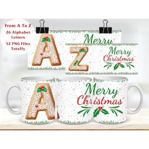 Modelo de caneca de carta de Natal de 11 e 15 onças, designs de caneca sublimada, designs de caneca do alfabeto de Natal PNG, modelos de caneca de sublimação de A a Z