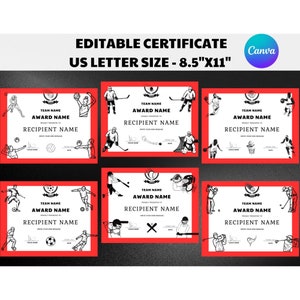 Editable Sports Award Certificate Template, Team Sports Player Recognition, Softball, Football, Volleyball, Basketball, Ice Hockey, Golf PDF