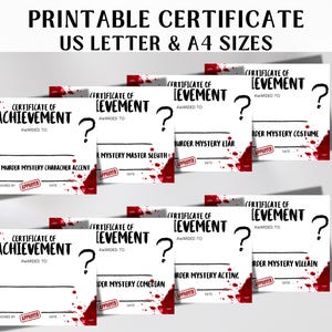 Murder Mystery Award Printable Certificate, Crime Scene Achievement Certificate, Game Night Prize Awards, Game Party Favor, Best Costume PDF