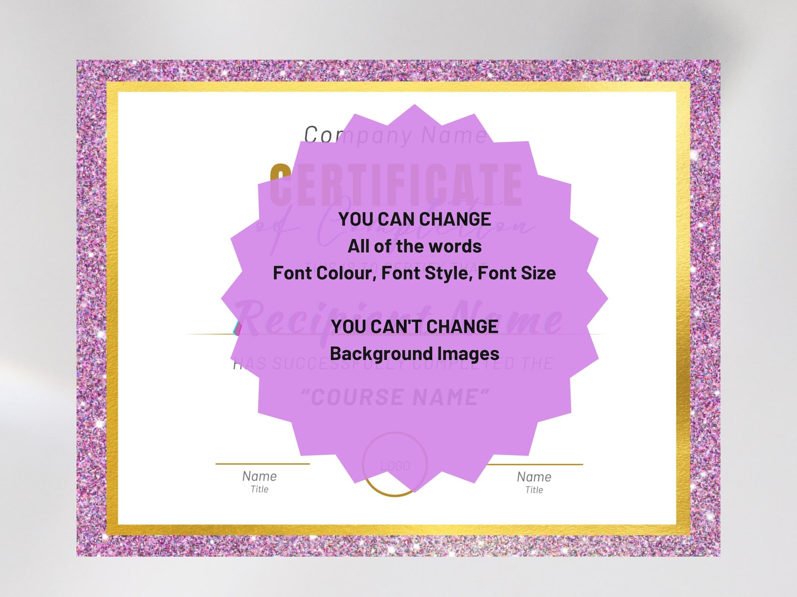 Editable Course Completion Ribbon Editable Course Completion Certificate Template, Pink & Gold Glitter ...