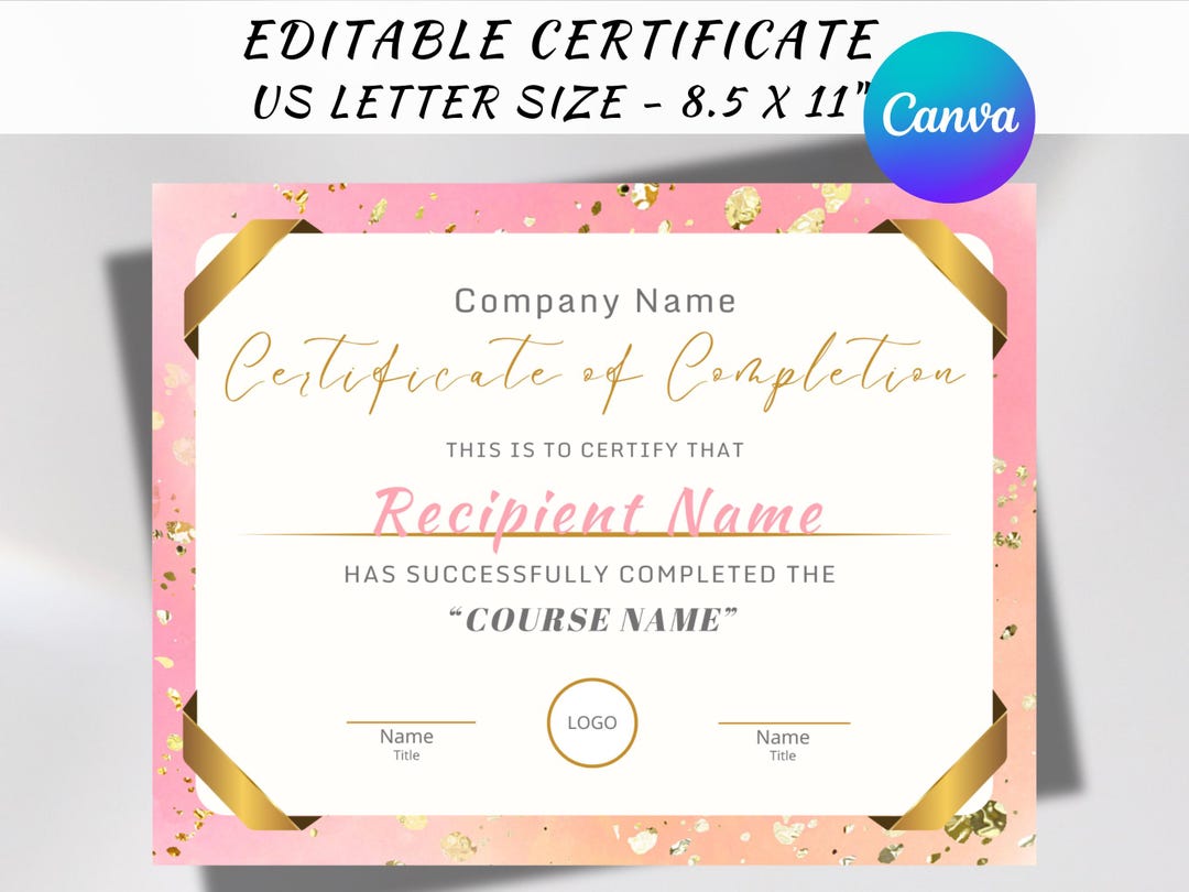 Editable Course Completion Ribbon Editable Course Completion Certificate Template, Pink & Gold (digital ...