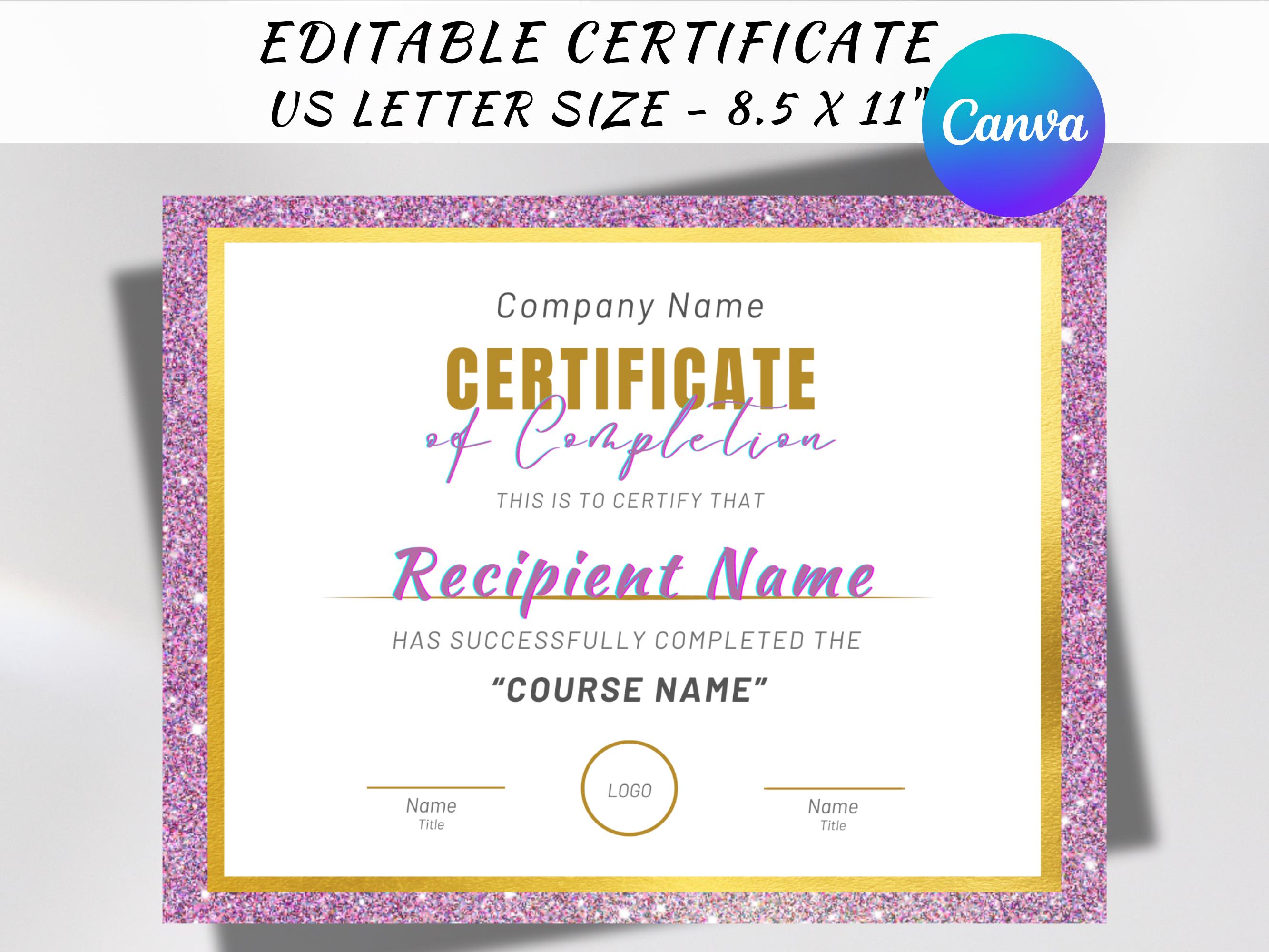 Editable Course Completion Ribbon Editable Course Completion Certificate Template, Pink & Gold Glitter ...