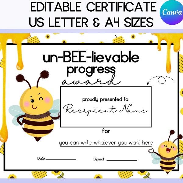 Unbeelievable Progress Award Certificate Editable Template, Celebrate School Achievement, Customize Bee-Themed Design, Printable Recognition