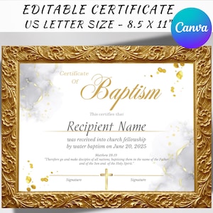 Plantilla de certificado de bautismo editable, certificado de bautismo con marco dorado, certificado de bautismo de bebé personalizado, certificado de dedicación de la iglesia para el bautizo
