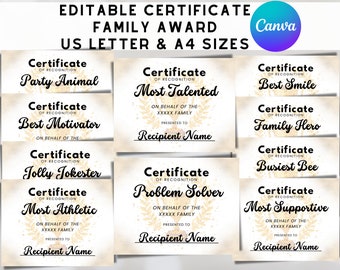 Editable Family Reunion Awards Certificate Bundle, Custom Gold Family Gathering Party Favor, Personalized Funny Reunion Printable Prize, PDF
