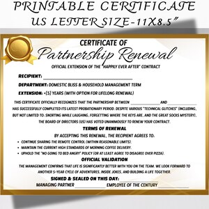 May include: A gold-framed certificate with the text "Certificate of Partnership Renewal" and "US Letter Size - 11x8.5". The certificate includes text about the renewal of a partnership, with humorous terms and conditions.