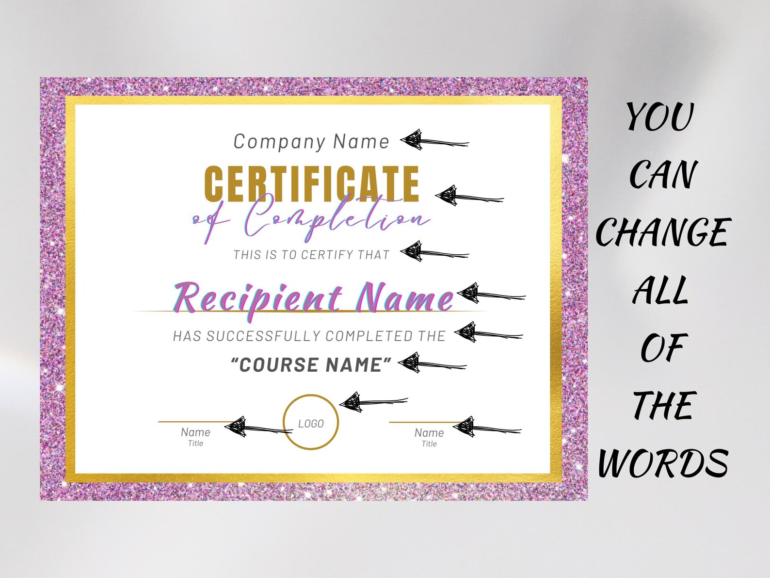 Editable Course Completion Ribbon Editable Course Completion Certificate Template, Pink & Gold Glitter ...