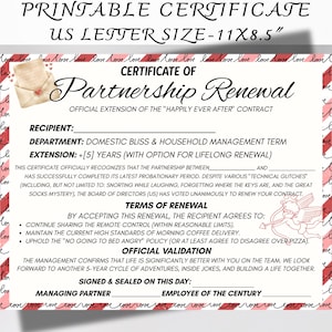 May include: A printable certificate for a Partnership Renewal, US Letter size 11x8.5 inches. The document has a red and white border with the word "Love" repeated. The certificate includes text fields for recipient, department, and extension.