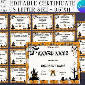 Editable Halloween Costume Award Certificate, Trick or Treat Costume Contest Award, Spooktacular Dressup Prize, Hauntingly Celebration Party