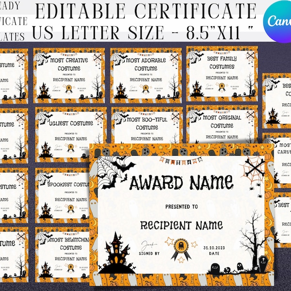 Editable Halloween Costume Award Certificate (Digital Download)