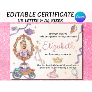 Editable Princess Certificate with Photo Canva Template, Royal Princess Recognition Award, Custom Certificate, Princess Party PDF Printable