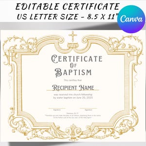 Plantilla editable de certificado de bautismo vintage, certificado de bautismo con marco dorado, bautismo de bebé, certificado de dedicación de niño de la iglesia para bautizo