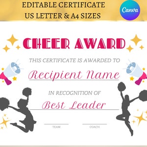 Aanpasbaar Cheerleader Award-certificaat, Cheer Squad Award, afdrukbare Cheer Team Party, Cheerleading Award, Cheer Recognition-sjabloon