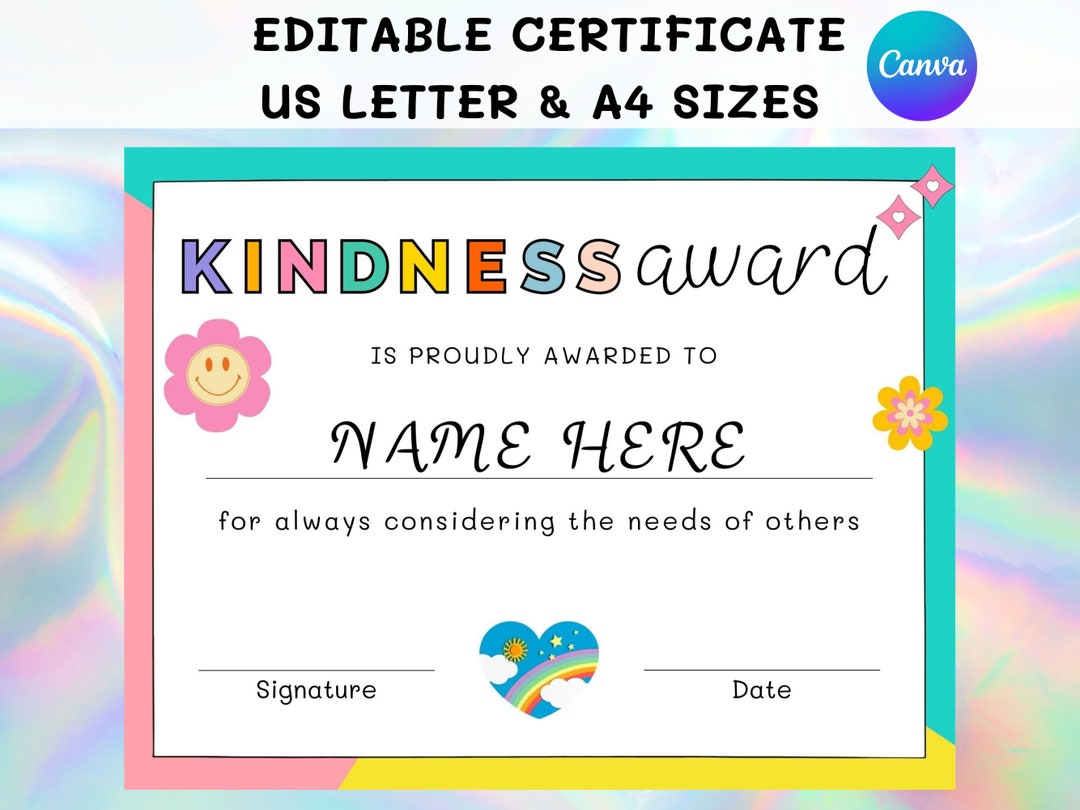 Editable Kindness Award Certificate Template, Cute Kids Customizable ...