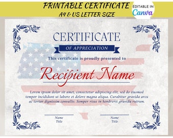 Editable USA Veteran&#39;s Certificate of Achievement | Patriot Day Appreciation Custom Template | Independence Day Honoring Military Service