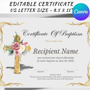 Plantilla de certificado de bautismo editable, certificado de bautismo con marco dorado, certificado de bautismo de bebé personalizado, certificado de dedicación de la iglesia para el bautizo