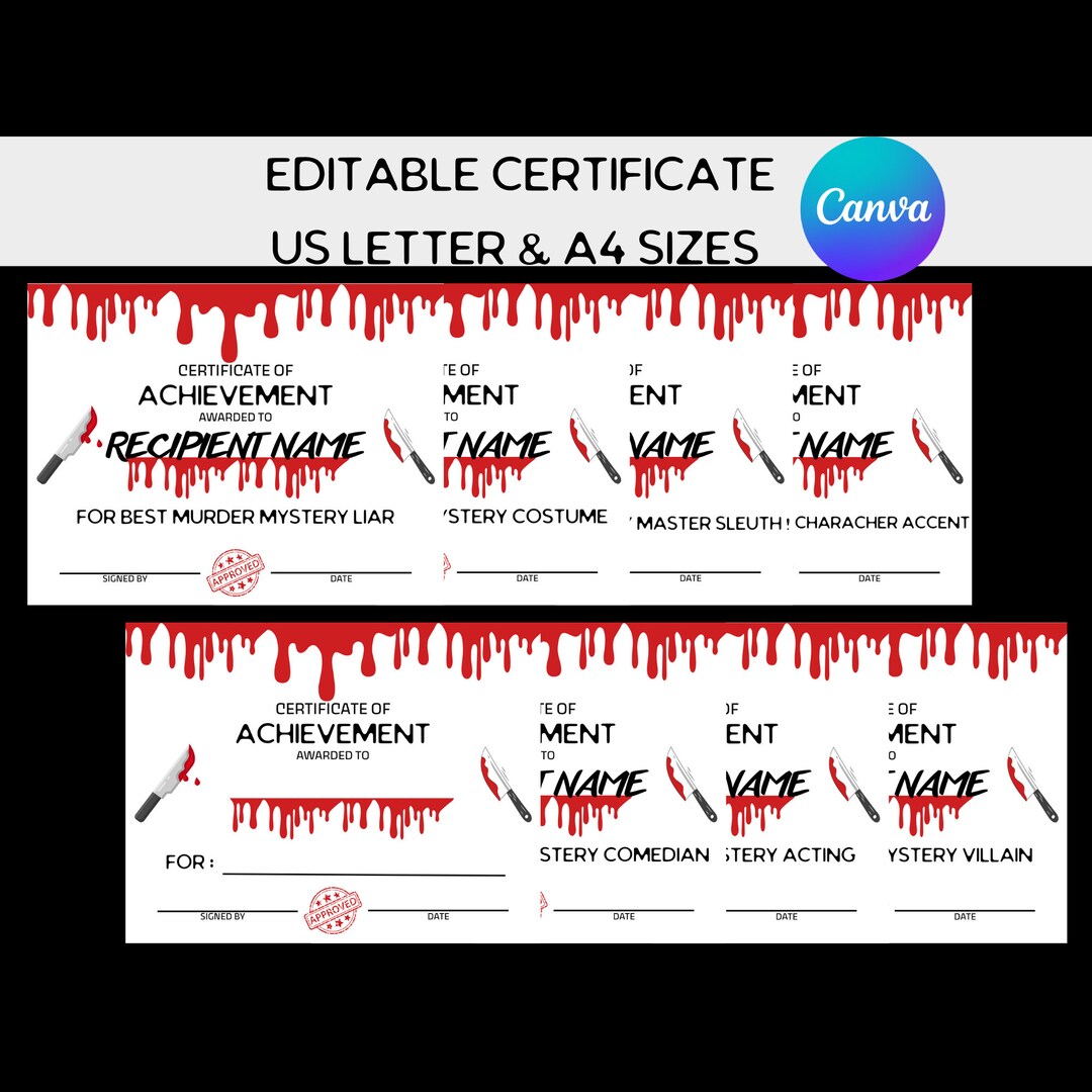 Editable Murder Mystery Award Certificate, Printable Achievement ...