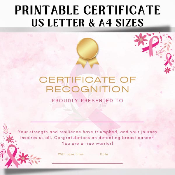 Breast Cancer Survivor Appreciation Certificate, Celebration Gift (PDF)