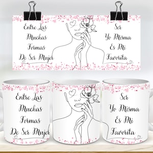 Spanish 11 & 15 Oz Motivational Coffee Mug Sublimation Design Full Wrap, Striped Young Woman Silhouette, Ser Yo Misma Es Mi Favorita, PNG