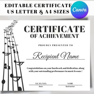 Music Achievement Editable Award Certificate Template, Personalized Musical Recognition, Honour Music Students Achievement, Music Lesson PDF