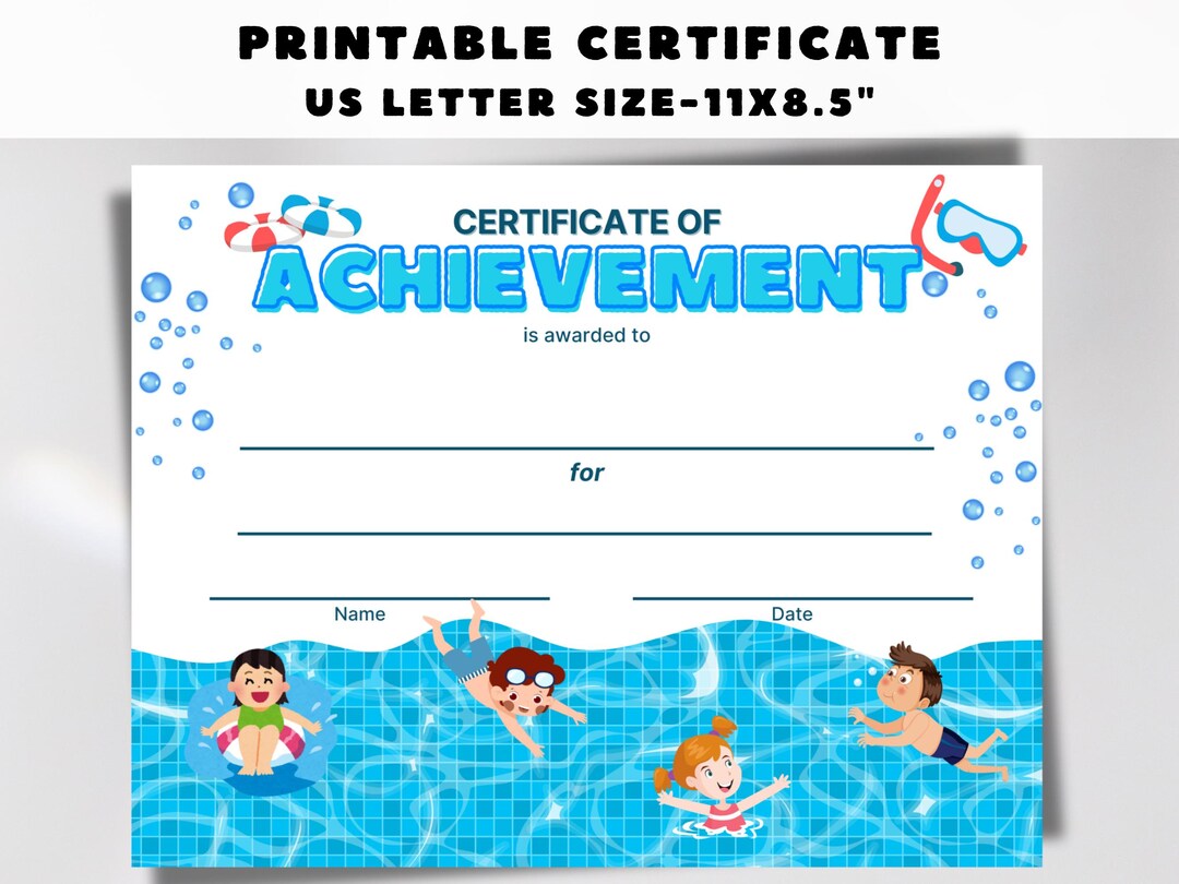Printable Swimming Certificate Template, Kids Sports Swimming Award Certificate, Children ...