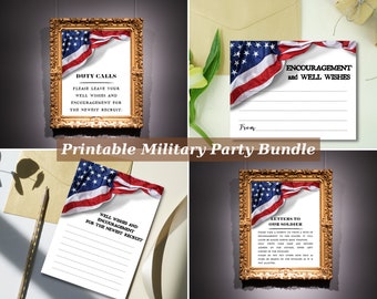 May include: Printable set of four cards featuring an American flag design. The cards include the text "Duty Calls", "Encouragement and Well Wishes", "Well Wishes and Encouragement for the Newest Recruit", and "Letters to Our Soldier".