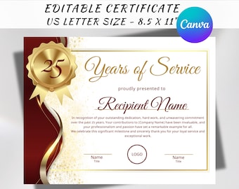 Editable Years of Service Award Certificate, Retirement, Staff Appreciation (Digital Download)