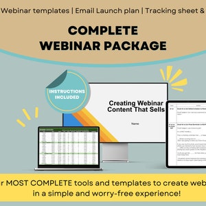 Puede incluir: Un paquete de marketing digital para crear webinars. La imagen muestra una pantalla de computadora con el texto "Creating Webinar Content That Sells" y una tableta con una lista de verificación titulada "Email #1:  Are we a bit late sending invitation to webinar?"