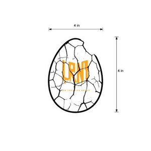 May include: A black and white illustration of a cracked egg with the text "LRN for Creative Group" inside. The egg is 4 inches in diameter.