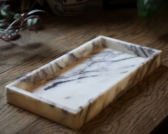 Vassoio in marmo lilla bianco, vassoio portaoggetti in marmo autentico, vassoio per bagno/cucina/vanità/profumo, supporto per candele, marmo personalizzato