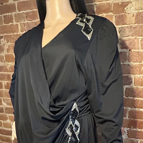Vintage 70s Draped Dress with Beaded Appliques by Trina Lewis & Marjon Couture