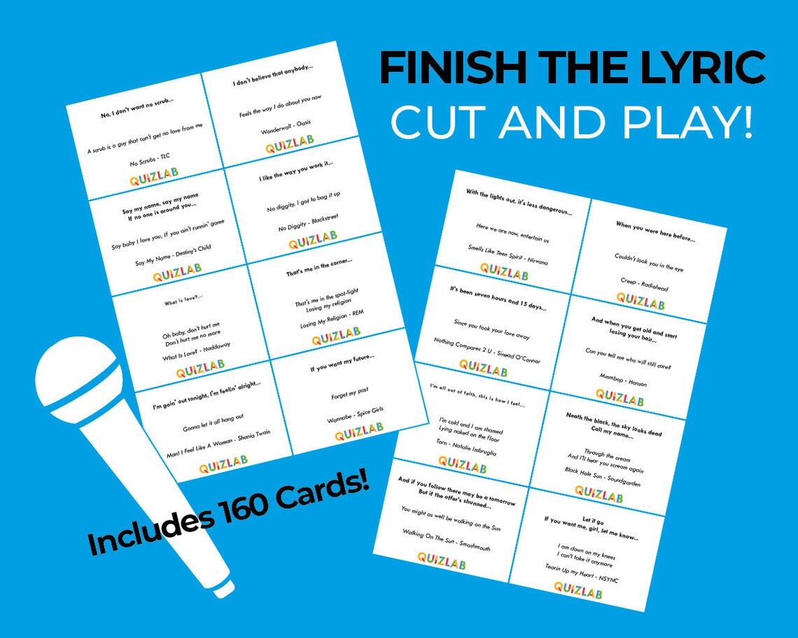 Finish the Lyric Card Game 80s 2010s Cut and Play Music Quiz Deck Etsy