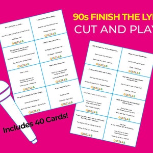 90s Finish The Lyric Card Game / Canciones de los 90s / Cortar y reproducir / Music Quiz Deck