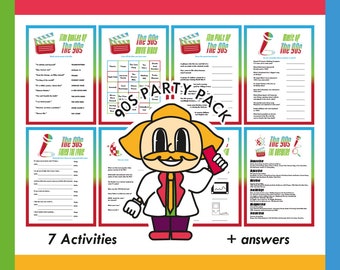 Può includere: Un pacchetto per feste degli anni '90 con sette attività e risposte. Le attività includono giochi di quiz su film, musica e cultura pop degli anni '90. I giochi sono progettati per una festa o un ritrovo di amici.