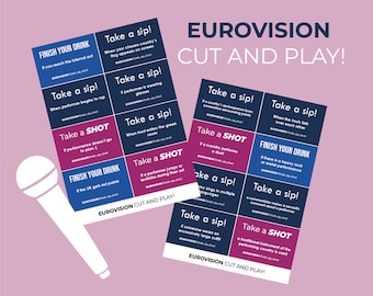 Jeu à boire Eurovision | Jeu Eurovision 2024 | Jeu Eurovision Party | Fête de l'Eurovision en famille et entre amis | Impression et découpe de cartes