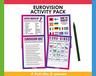 Eurovisie Quiz Pack-bundel | ESC Muziekquiz | Grote finale-activiteiten | Europa Themafeest | Afdrukken en invullen